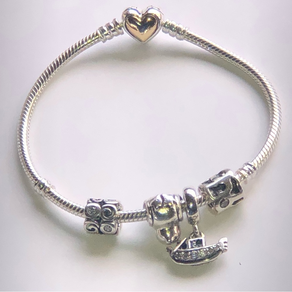 Pandora 14k Gold Domed Heart Clasp Bracelet with Charms